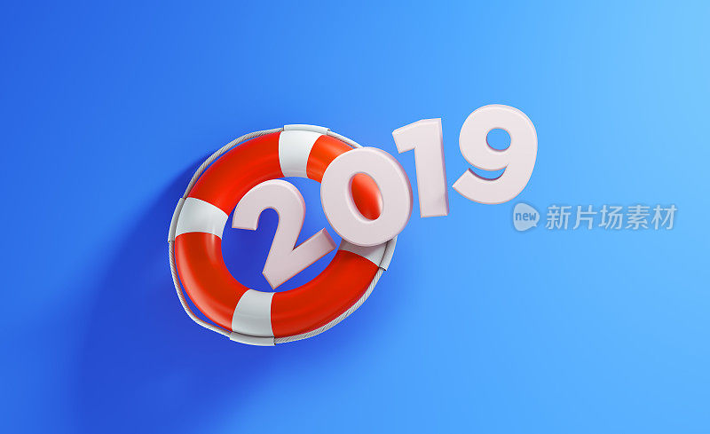 救生圈和2019年蓝色背景- 2019年危机概念